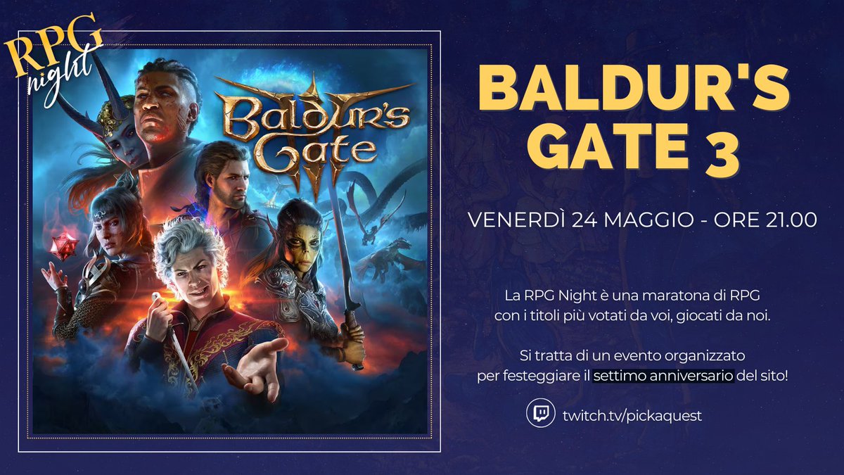 PickaQuest's tweet photo. Baldur's Gate 3 è il quarto titolo della maratona RPG di questo venerdì!

La co-op nei Reami Dimenticati animerà la serata a partire dalle ore 21.00.

#RPGNight 🌙 https://t.co/P7BhBHAMsq