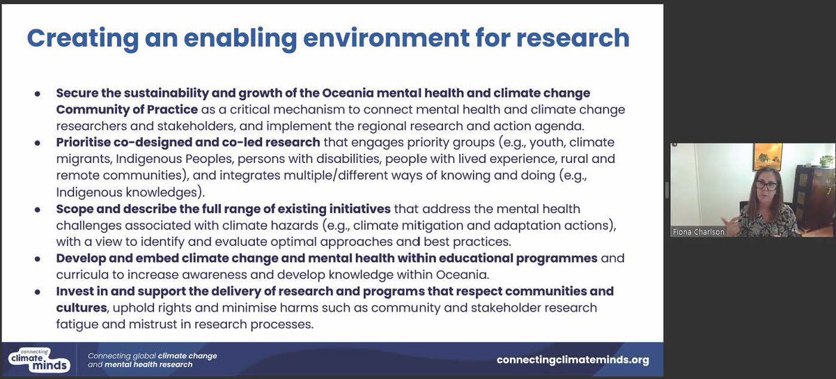 As natural hazards⬆️in frequency &amp; severity w. climate change, co-designed, place- &amp; strengths-based research initiatives are vital in understanding the link between CC and mental health. Thanks for the webinar @FionaCharlson <a href="/JoLongman2/">Jo Longman</a> <a href="/ClarePitt2/">Clare Pitt</a> &amp; @jstiatia @CliMindsOceania🌏