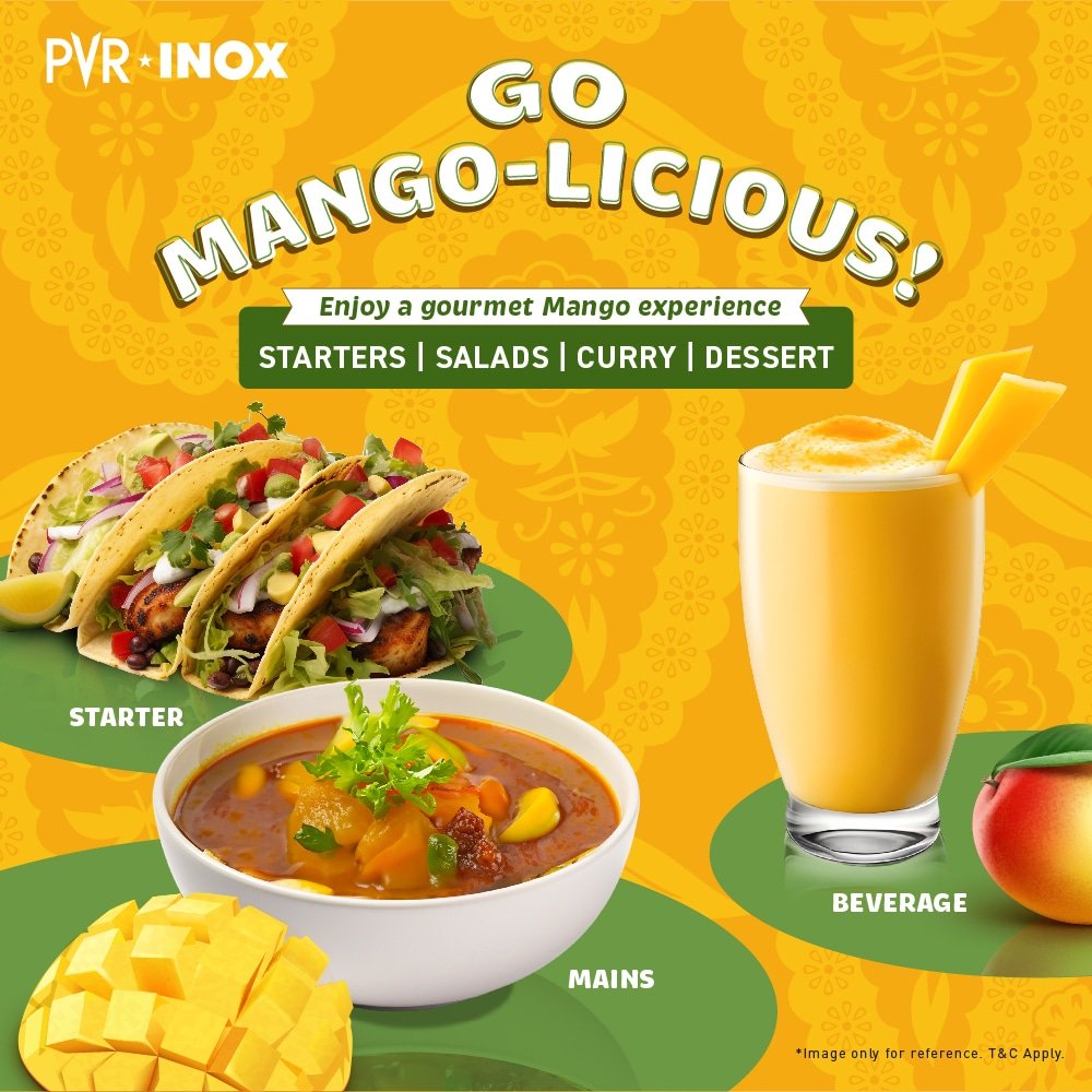 _PVRCinemas's tweet image. Experience the divine flavors of mango at PVR INOX! Treat yourself to our delicious mango-inspired delights and dive into a world of Mangolicious goodness! 🥭✨

*T&amp;amp;C Apply
.
.
.
.
#PVR #INOX #Mangolicious #Starters #Main #Beverage #Curry #Dessert #Salads