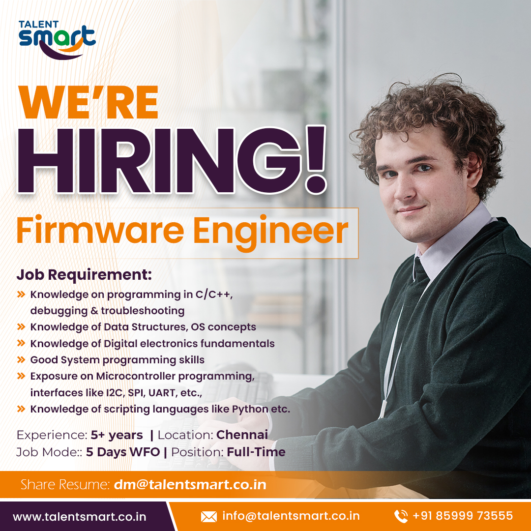 talentsmartco's tweet image. Open Position: Firmware Engineer
Experience: 5+ years & Position Type: Full time
Email Resume: dm@talentsmart.co.in
.
.
.
.
#firmwareengineer #firmwaredeveloper #softwareengineer #softwaredeveloper #firmwarejobs #VedantAgarwal #RadhikaPicksEpicThinX