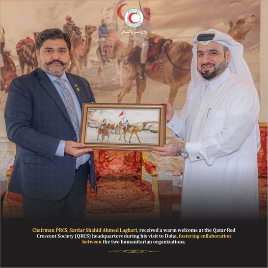 Honourable Chairman PRCS, Sardar Shahid Ahmed Laghari, received a warm welcome at the Qatar Red Crescent Society (QRCS) headquarters during his visit to Doha, fostering collaboration between the two humanitarian organizations.