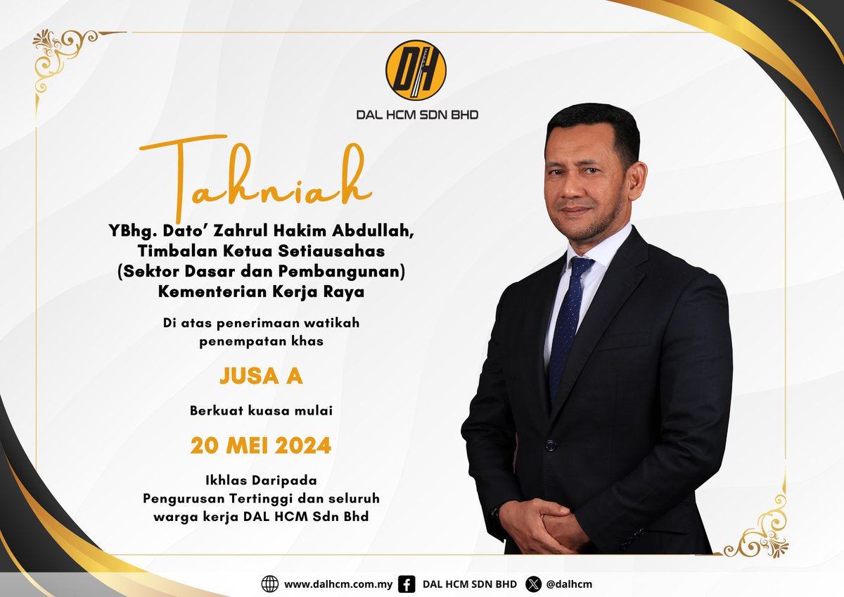 Setinggi - tinggi tahniah

YBhg. Dato’ Zahrul Hakim Abdullah, TKSU KKR

Di atas penerimaan watikah penempatan khas 

JUSA A

Berkuat kuasa mulai 20 Mei 2024

Ikhlas, Team DHSB