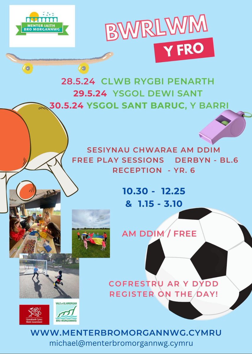 Edrych ymlaen at weld pawb yn Bwrlwm y Fro rhwng 28 - 30 Mai ⛹🏻‍♂️ Come along to our free Welsh language play sessions <a href="/PenarthAthletic/">Penarth AthleticClub</a> @ysgolsantbaruc &amp; <a href="/YDewiSant/">Ysgol Dewi Sant</a> next week! 🏓 @VALEFIS <a href="/PlayWales/">Play Wales</a>
