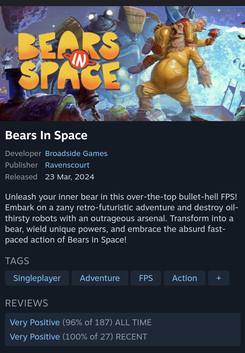 I almost forgot I have some extra keys for the hilarious (and highly rated) boomshoot BEARS IN SPACE to give away 

RT + Follow + Reply with something bear related to enter.

Winners (5) picked this weekend!