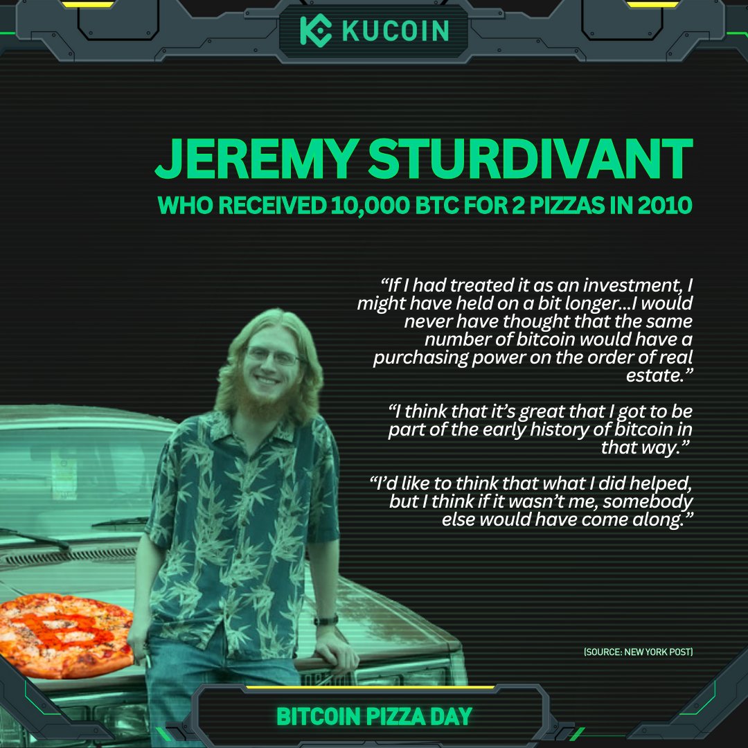 🍕 Many talk about who paid 10,000 $BTC for pizzas; a few know who received the #Bitcoin.

Let's get to know Jeremy Sturdivant - who traded two pizzas with Laszlo Hanyecz and inspired the #BitcoinPizzaDay celebration worldwide. 🥳