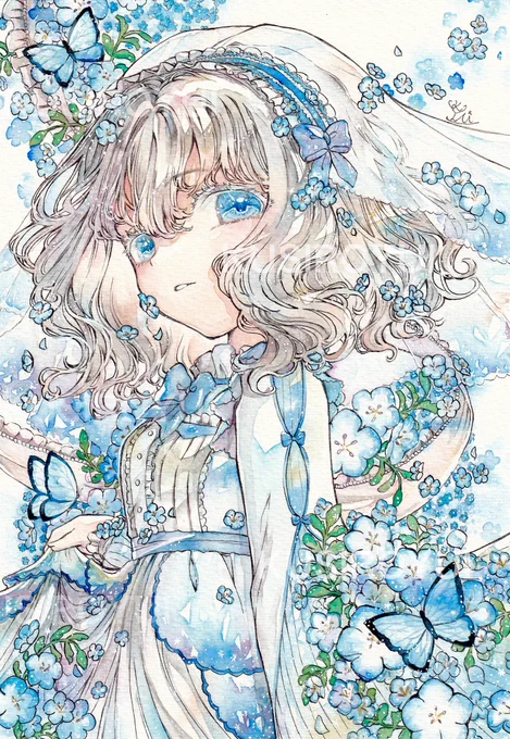 あっという間にネモフィラの時期が終わってしまうー#アナログイラスト #透明水彩 