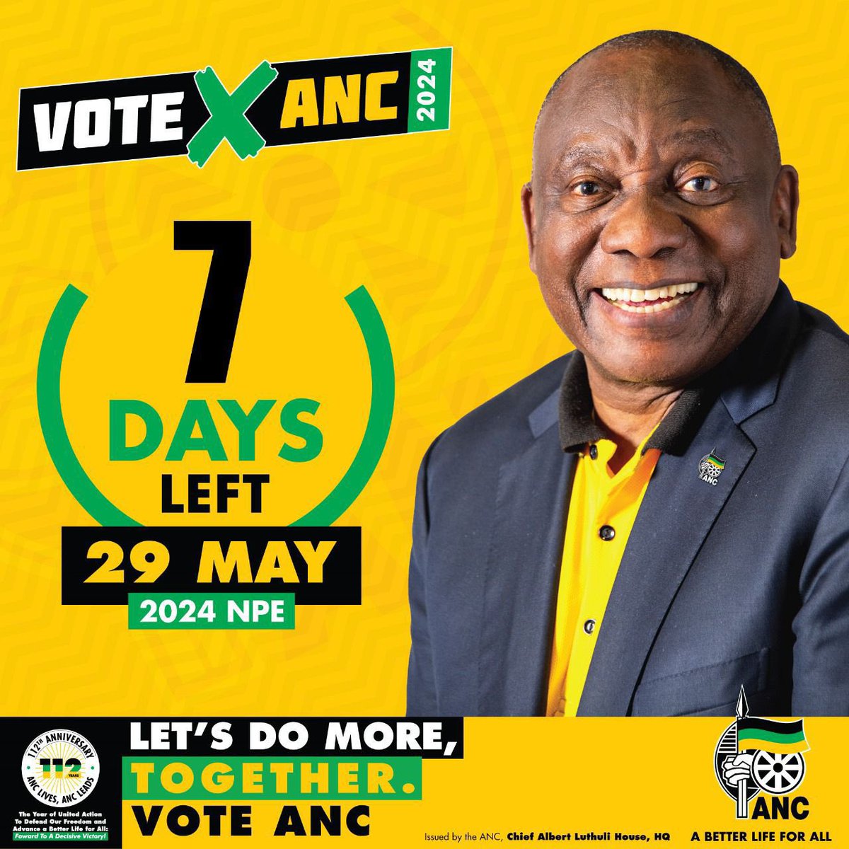 7 Days to go until the 2024 National and Provincial Elections, vote ANC on the 29th of May 2024!

1st Ballot: #VoteANC ❎
2nd Ballot: #VoteANC ❎
3rd Ballot: #VoteANC ❎

#VoteANC2024
#LetsDoMoreTogether ⚫️🟢🟡