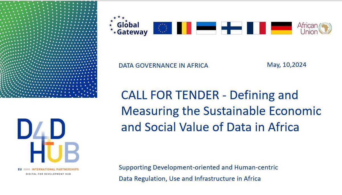 CALL FOR TENDER: Support the Data Governance in Africa initiative with a study to inform policy and investments empowering the #dataeconomy. ➡️ Define a methodology to measure data value in Africa ➡️ Pilot across sectors ➡️ Empower stakeholders Apply: buff.ly/3UHR57O