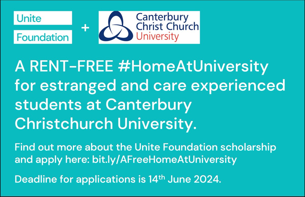 You could study at @CanterburyCCUni with a rent- free #HomeAtUniversity for up to 3 years, bills included! If you’re care experienced or estranged, 25 or under, you could be eligible to apply for the Unite Foundation scholarship at bit.ly/AFreeHomeAtUni… Deadline 14th June 2024