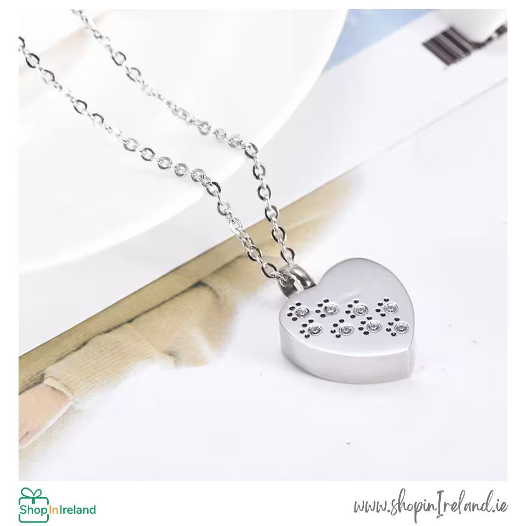 Memorial Necklace for Pet Ashes - Heart-shaped with Diamante Paw Prints shopinireland.ie/sellers/rainbo… #shopinireland #supportsmallbusiness #supportirishbusiness #shoplocal