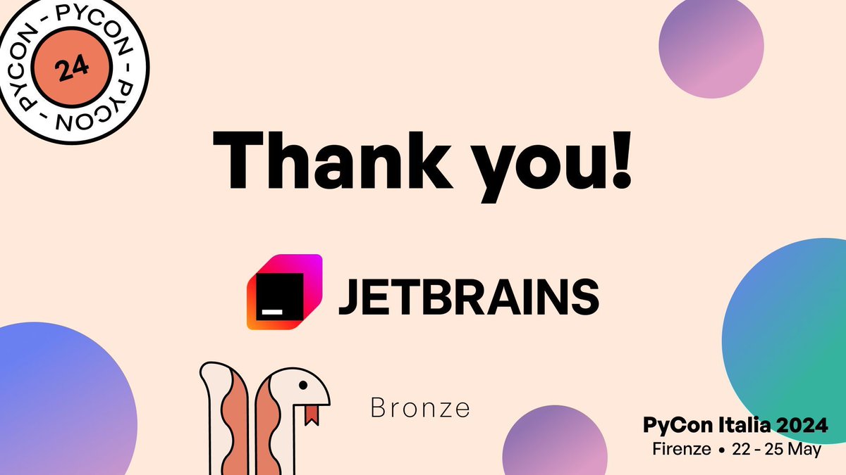 Excited to announce JetBrains as a Bronze sponsor for PyCon Italia 2024! 🎉 Thanks to JetBrains, we're covering the catering costs for today's workshops and supporting our childcare and quiet room services! Learn more about them: jetbrains.com