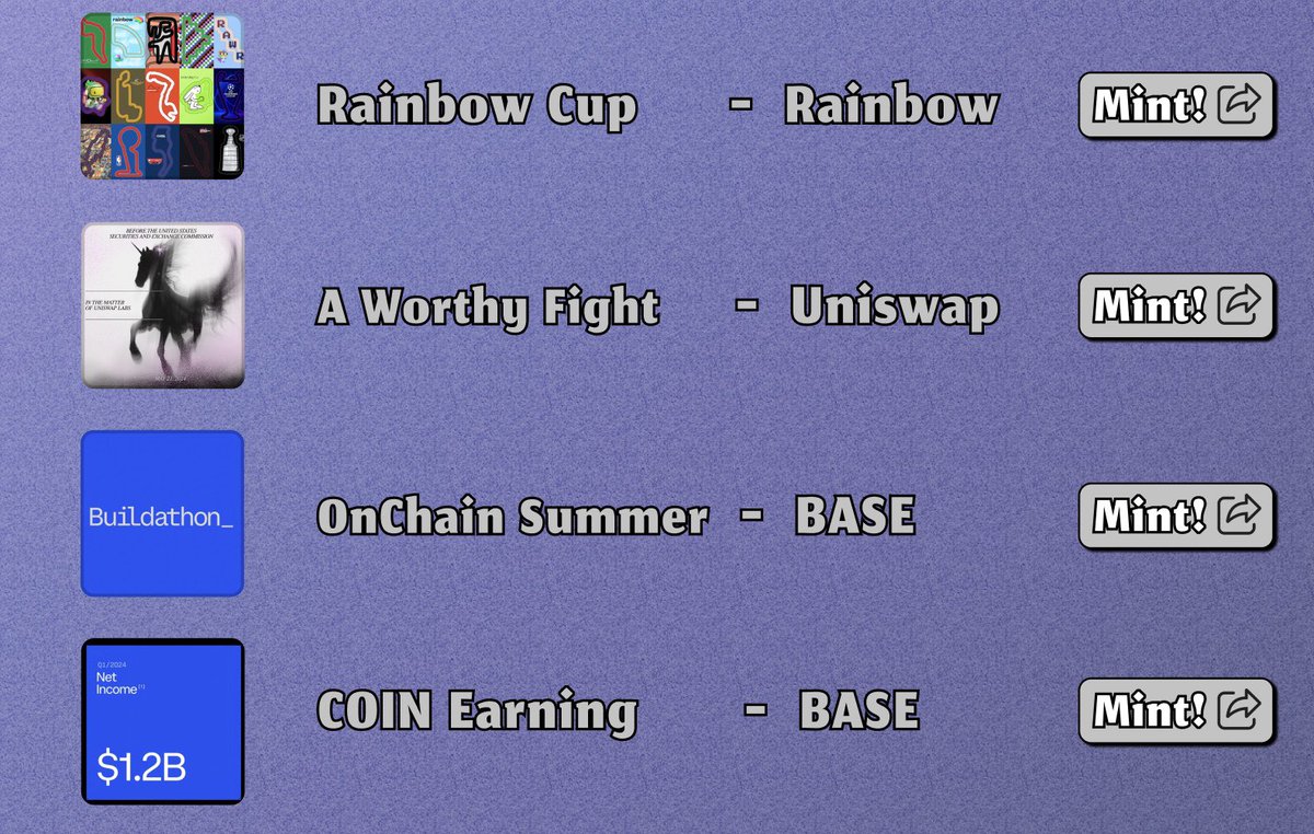 4 NEW NFTs to CLAIM - Recap 🚀

🪂 𝗔𝗶𝗿𝗱𝗿𝗼𝗽𝘀 𝗶𝗻𝘁𝗲𝗿𝗮𝗰𝘁𝗶𝗼𝗻𝘀 (𝟰) 

1️⃣ Rainbow Cup - Zora / Rainbow 
╰►  zora.co/collect/base:0…

2️⃣ A Worthy Fight - Zora / Uniswap
╰► zora.co/collect/zora:0…

3️⃣ OnChain Summer - BASE
╰► homebase.coinbase.com/nft/mint/build…

4️⃣ COIN