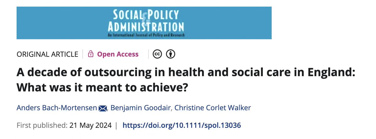 📢New @openaccess paper in @spaajournal What was private provision of the NHS and adult/children’s social care meant to achieve? We reviewed the policy intentions justifying outsourcing for all sectors - and evaluated it against the evidence. Paper: doi.org/10.1111/spol.1…