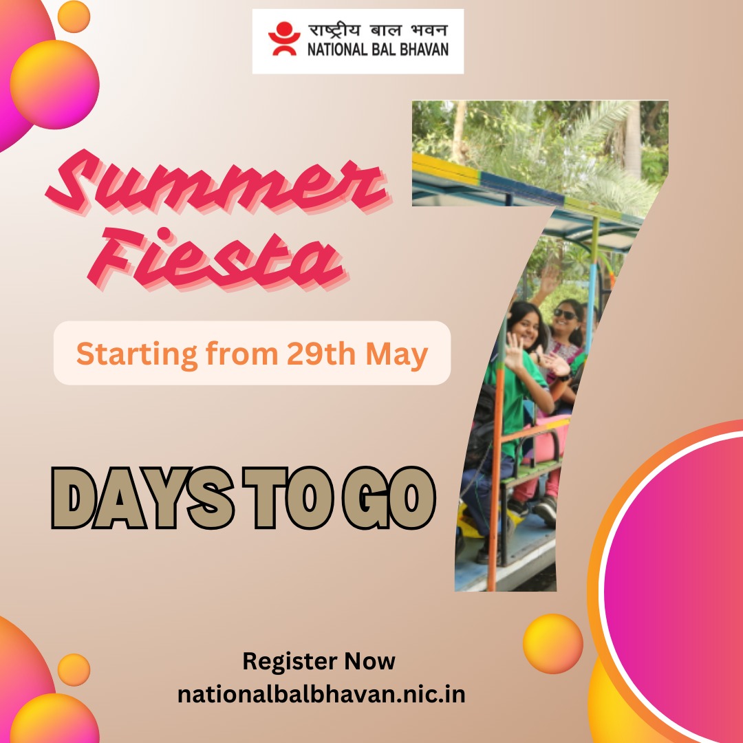 nbbdelhi's tweet image. Just 7 days left! 
Gear up for National Bal Bhavan&apos;s Summer Fiesta camp. 
Hurry up and register now!!  
#HappySummers
#LearnWithFun 
#SummerFiesta