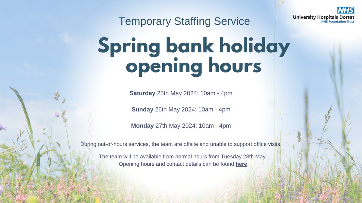 🌼 Spring Bank Holiday Opening Hours  🕰️

Please be aware of our out-of-hours service this upcoming Spring Bank Holiday:

📅 27th May - Spring Bank Holiday: 10 am-4 pm

We will be back in the office to see you from the 28th of May.

#BankHoliday #OpeningHours #ProudToBeBank