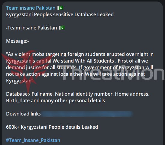 🇰🇬 Kyrgyzstan Allegedly Leaked Sensitive Database of Its People Team Insane Pakistan is targeting #Kyrgyzstan. It is claimed to have accessed and leaked a database belonging to the people of Kyrgyzstan. It is stated that the leaked database contains name/surname, ID number,