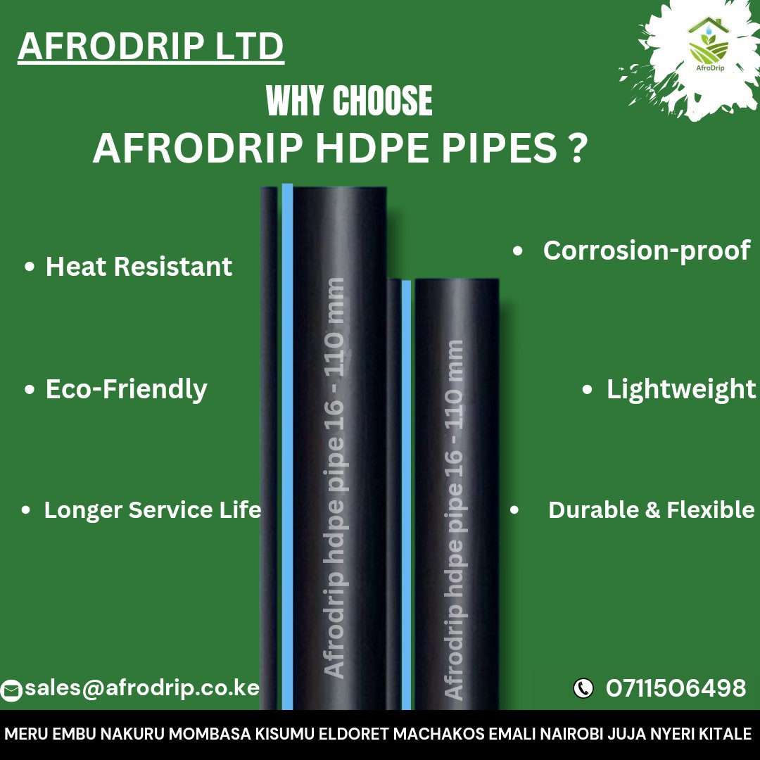 Benefits of Afrodrip HDPE pipes for plumbing and agriculture! 🌱 With exceptional corrosion resistance and easy installation, our pipes, available in sizes from 16mm to 110mm, ensure top-notch durability and efficiency. Upgrade your projects with Afrodrip HDPE pipes today