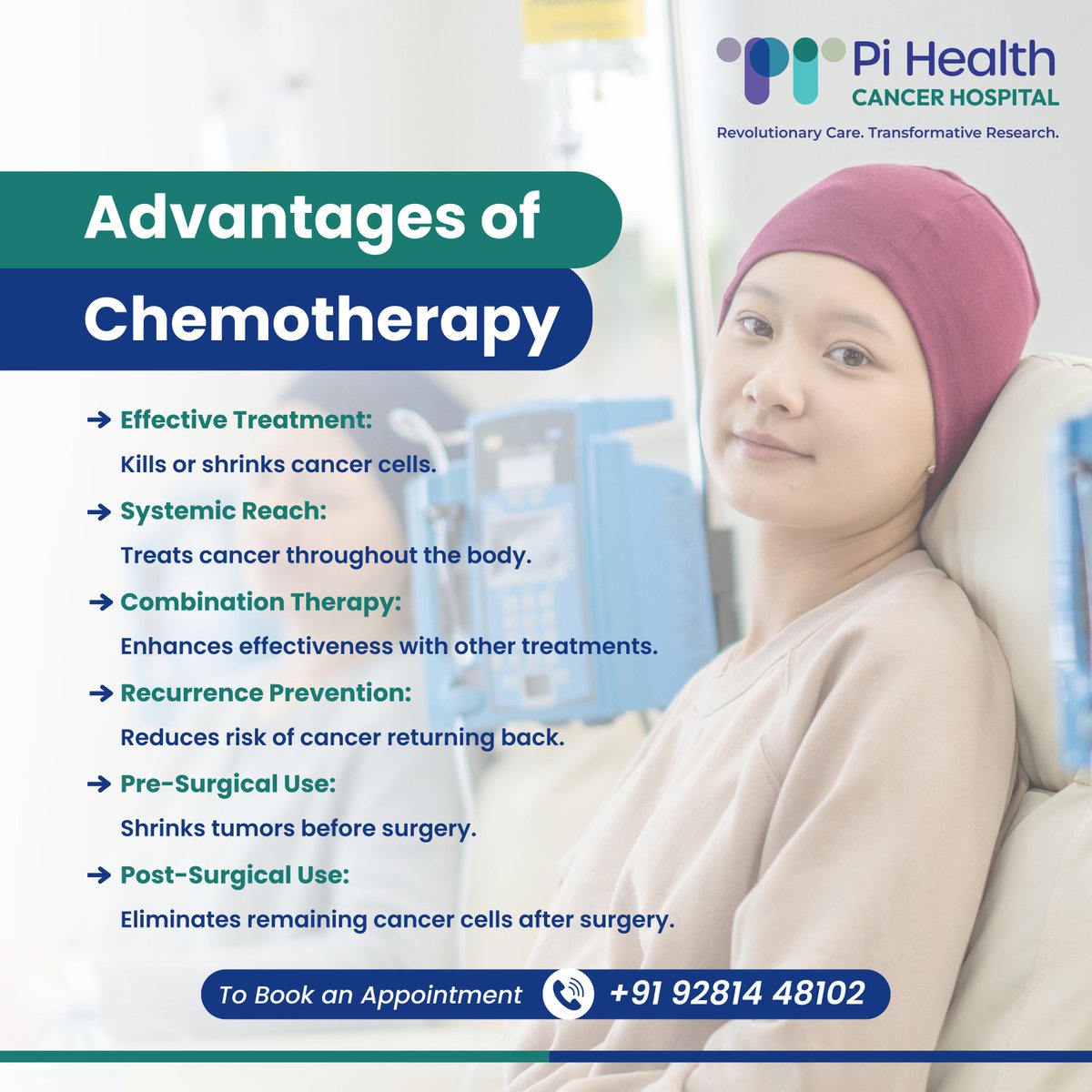 #Chemotherapy is a type of cancer treatment that uses powerful drugs to destroy cancer cells. It works by targeting cells that grow and divide rapidly, which is a characteristic of cancer cells..
To learn more visit #PiHealthCancerHospital at Gachibowli.
#advantagesofchemotherap