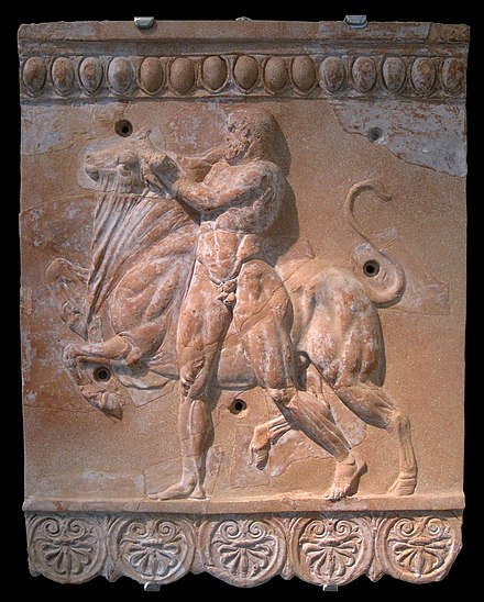 #ReliefWednesday Heracles fighting with the Cretan bull, roofing tile from Quadraro, found 1812 and now in the Vatican Museum. (See Alt.). #Artwork #History #Archaeology
