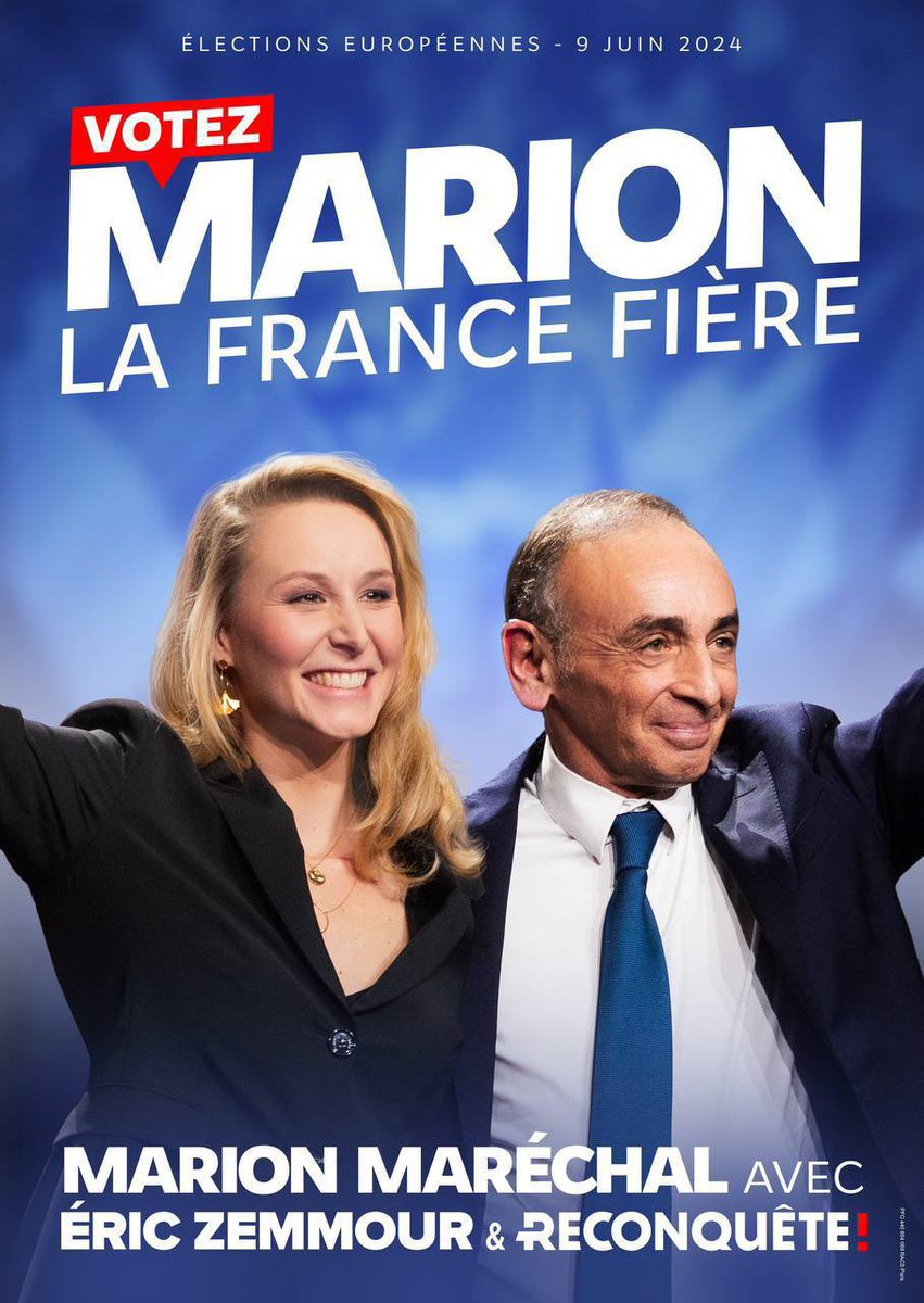 🔴 Découvrez notre affiche officielle de campagne pour la dernière ligne droite des élections européennes 2024. Le 9 juin, votez Marion Maréchal et Éric Zemmour pour battre au Parlement européen l’Europe de Macron et von der Leyen. #VotezMarion