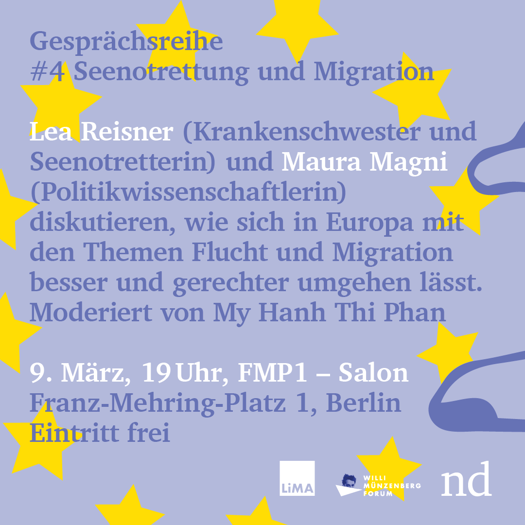 Ihr fragt euch, was europaweit linke Perspektiven auf Migration sind und wie es aktuell um die Kriminalisierung von #Seenotrettung steht? Dann kommt zu unserem Gespräch “Europa? Solidarisch”, am 29.5., Einlass 18:30 Uhr im FMP1 Berlin & im Livestream t.ly/LI8bg