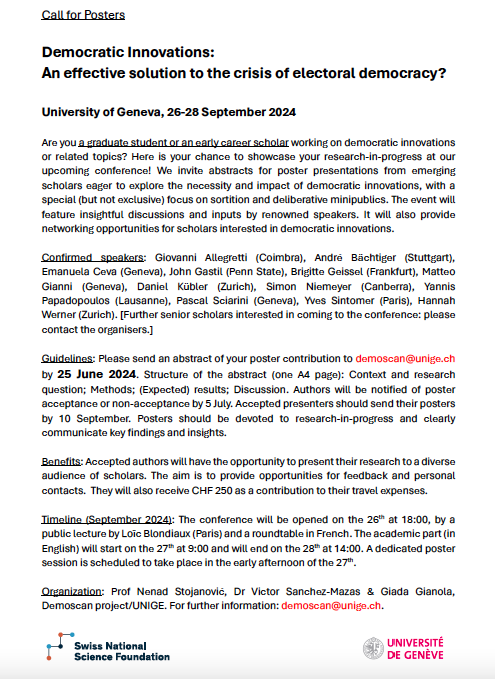 Nenad Stojanović (@stojanovicnenad) on Twitter photo Major conference on democratic innovations in Geneva 26-28 September ❗️
Send your abstract for poster contribution until 25 June: demoscan@unige.ch
<a href="/UNIGEnews/">Université de Genève</a> <a href="/fns_ch/">Fonds National Suisse</a> demoscan.ch Major conference on democratic innovations in Geneva 26-28 September ❗️
Send your abstract for poster contribution until 25 June: demoscan@unige.ch
<a href="/UNIGEnews/">Université de Genève</a> <a href="/fns_ch/">Fonds National Suisse</a> demoscan.ch