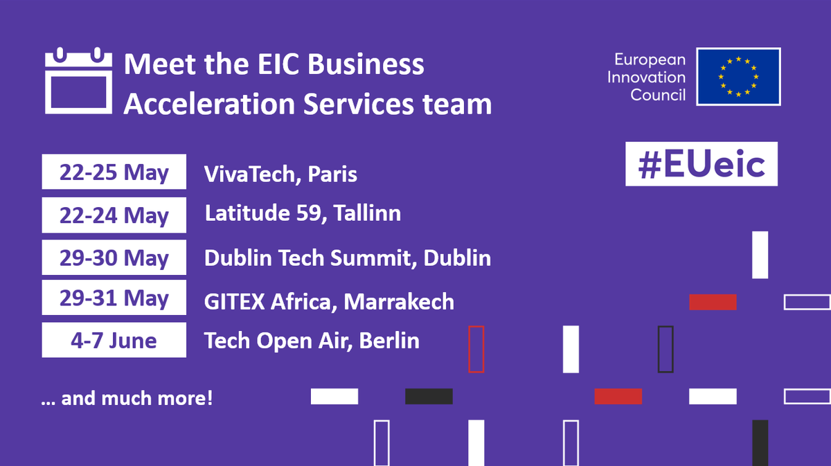With the #EUeic Business Acceleration Services, financial support is only the beginning of your journey. 🚀

Learn about our services and meet the team behind #eicBAS at upcoming events, starting today at #VivaTech & #latitude59

Find us and come say hi 👉 bit.ly/EIC_BAS_events