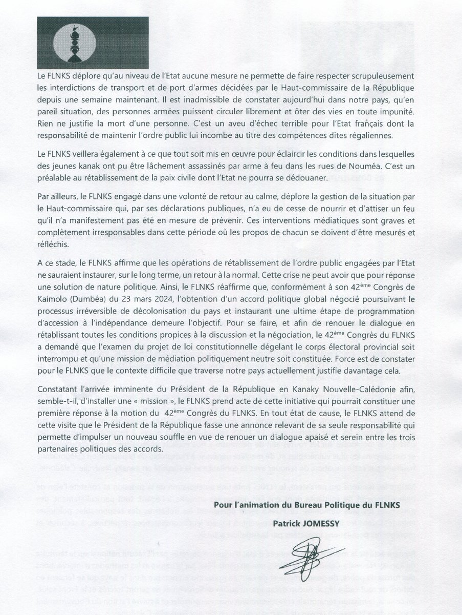 Statement today from the Kanak Socialist National Liberation Front #FLNKS, on French President Macron’s visit to #NewCaledonia. Unofficial translation of excerpts of statement issued by the FLNKS Political Bureau (executive of the coalition of four major independence parties).