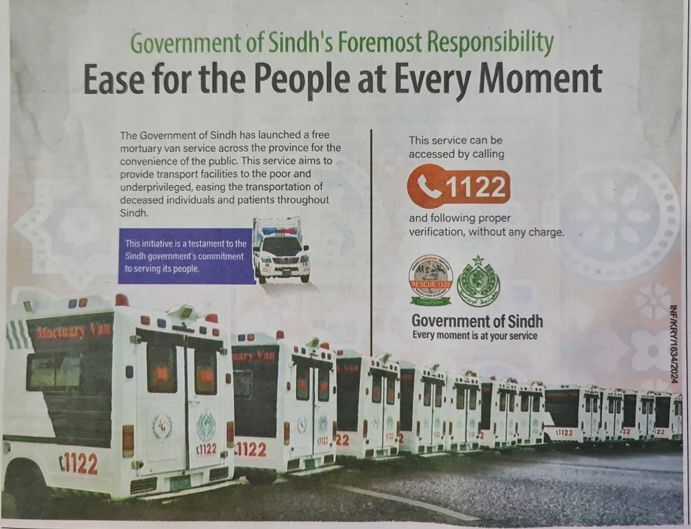 FREE OF COST | Province-wide mortuary van service provided by #SindhGov, ensuring seamless transportation for deceased individuals. For assistance, call 📞1122.
