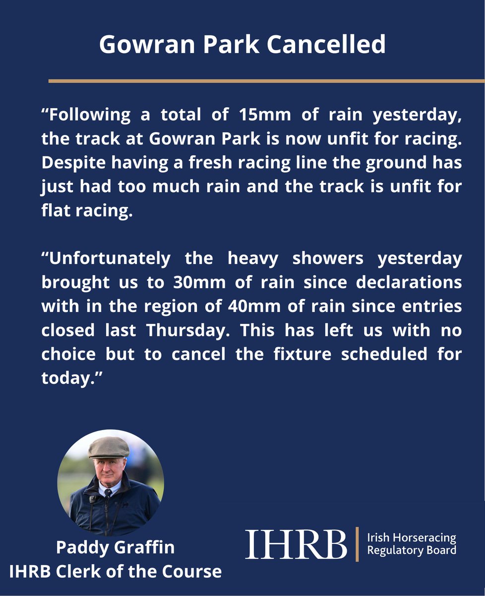 ⚠️ @GowranPark1 is unfit for racing and the fixture scheduled for today is cancelled