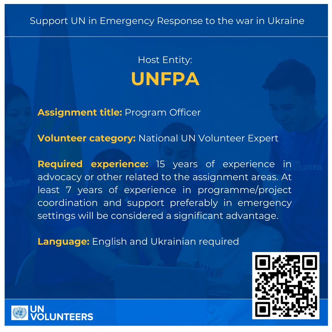 📣 UN Volunteers is looking for a Program Officer for @UNFPAUkraine in Dnipro 🇺🇦. 🔗 Get more information and apply: app.unv.org/opportunities/… 🌐 Register on the Unified Volunteers Platform (UVP): app.unv.org and submit your application by May 27, 2024.