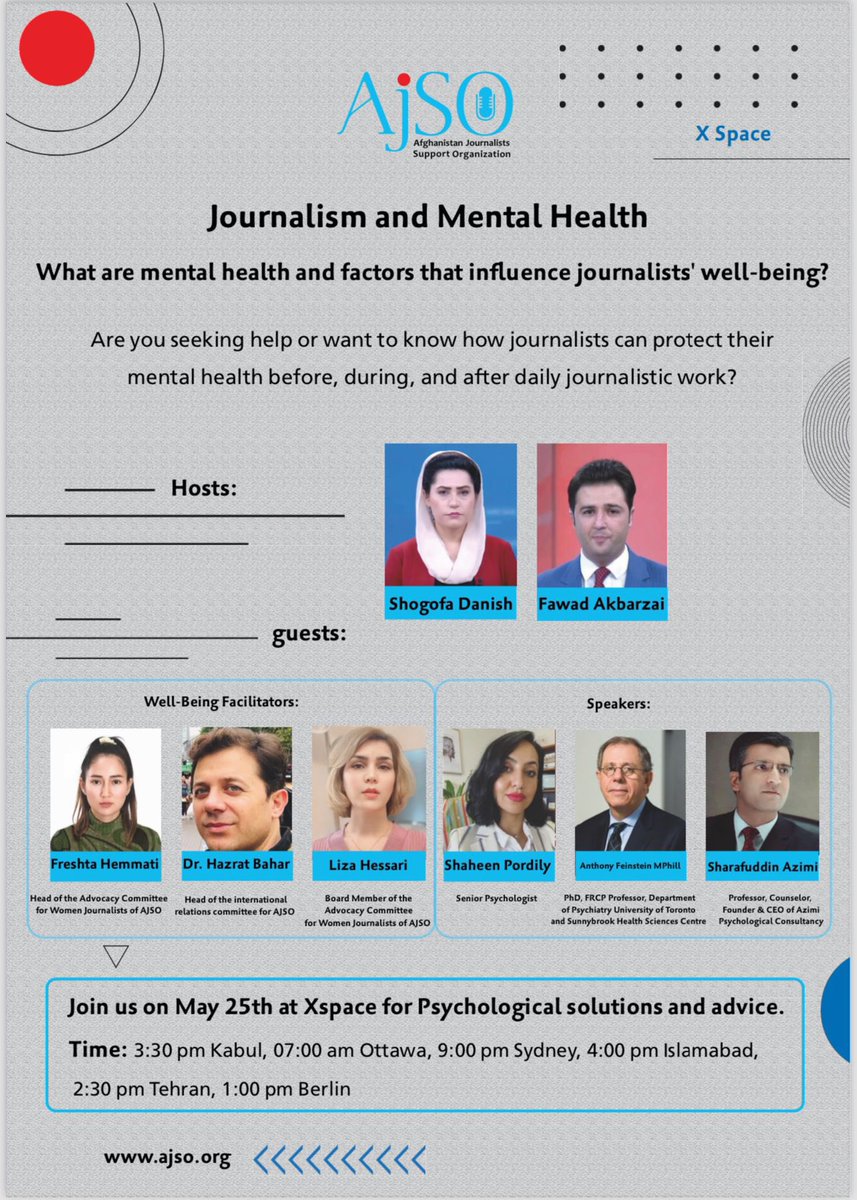 Journalism and Mental Health: Join us in the X-Space on 25 May 2024. Time: 3:30PM. Sydney: 9:00PM. Berlin: 1:00PM