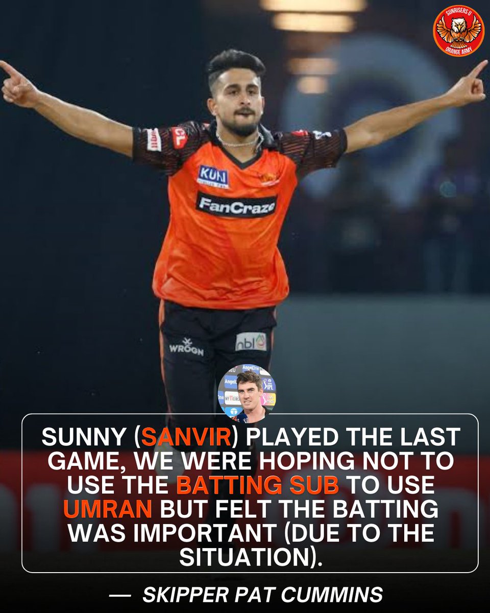 Skipper Pat Cummins confirms that we would have used Impact Sub for Umran Malik if we hadn't used it for Batting Sub!

#IPLPlayOffs #OrangeArmy #KKRvsSRH #IPLOnJioCinema