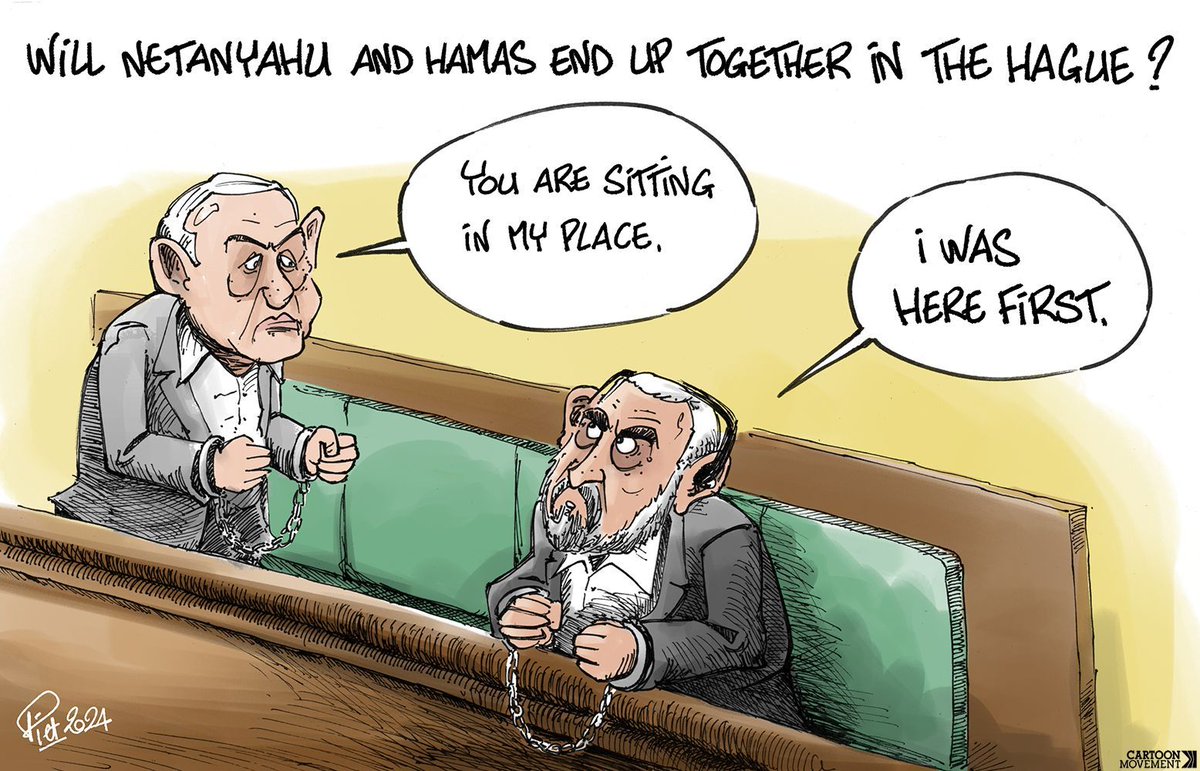 Will Bibi and Hamas end up in The Hague together? Today's cartoon by @PietDessineux. More cartoons: buff.ly/3U2y010 #Gaza #Israel #Hamas #Netanyahu #ICC