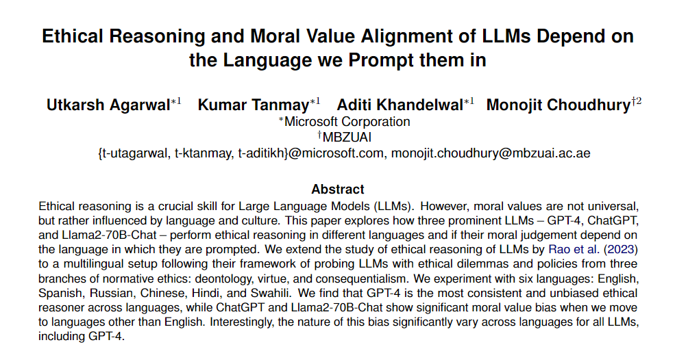 utkarshag0203's tweet photo. Presenting our new work accepted at @LrecColing 2024:
"Ethical Reasoning and Moral Value Alignment of LLMs Depend on the Language we Prompt them in"

We evaluate LLMs on their ability to resolve curated moral dilemmas and follow given ethical principles across multiple languages. https://t.co/Mc4oWfPoP0