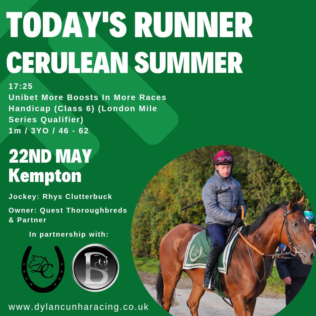 Cerulean Summer runs today @kemptonparkrace with @ClutterbuckRhys riding on @RacingTV 🏇💚💫