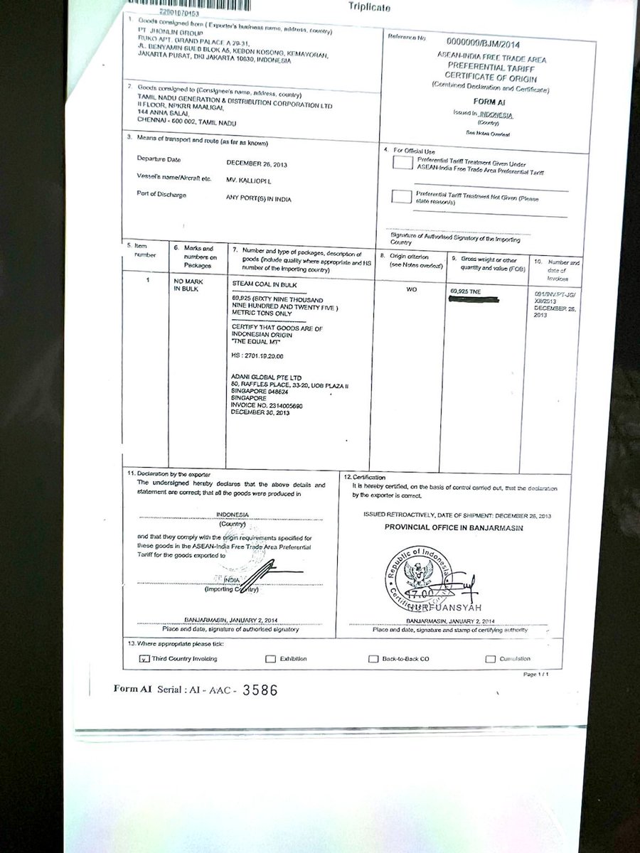Look at this. As @AmitShah says 'Chronology samajhiye' (of the fraud) Same coal, same vessel, same quanity. Three different documents. & it changes from low quality to high, and triples in price!! 1 - A certificate of Origin issued in Indonesia shows - Jhonlin supplies coal