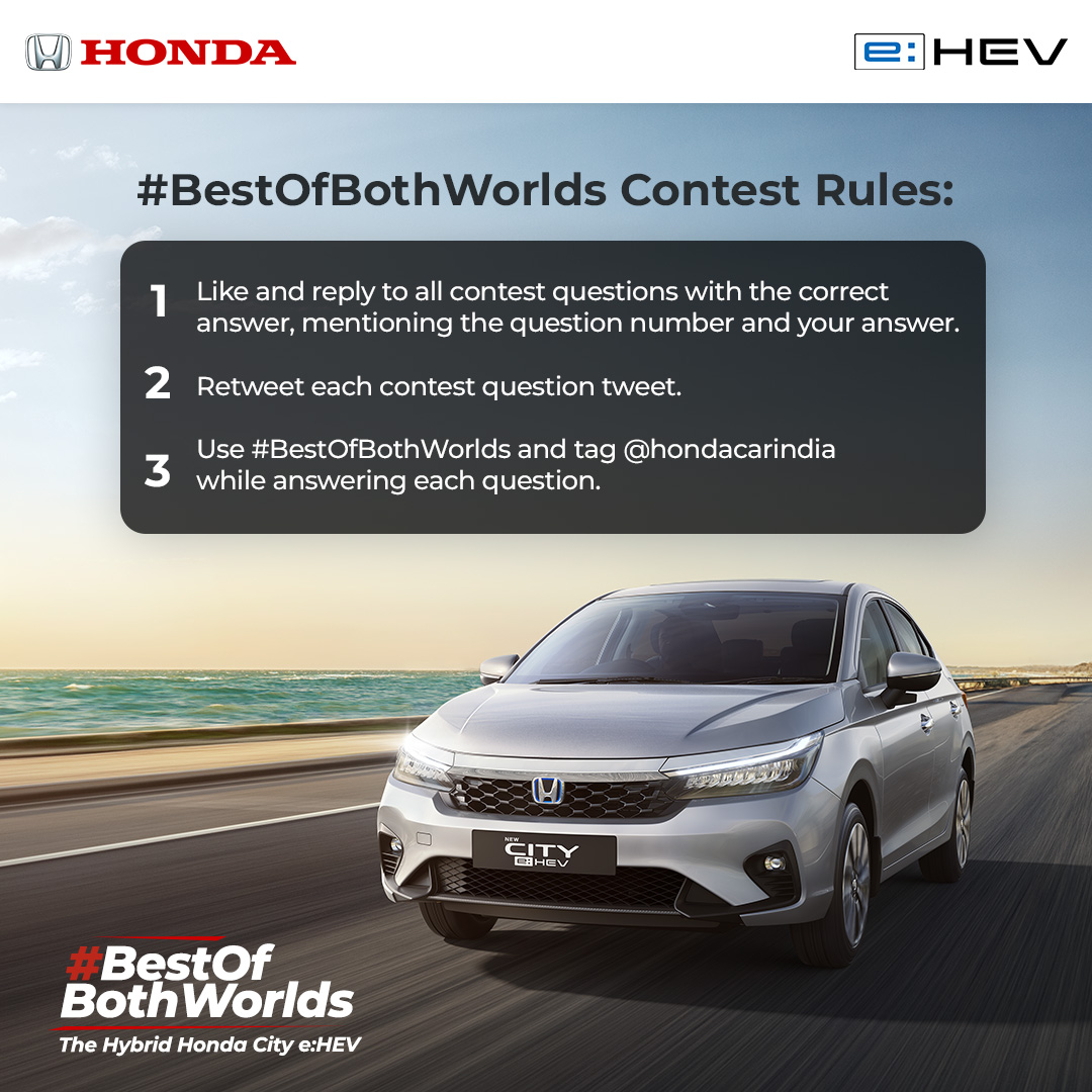 The rules of the #BestOfBothWorlds contest are simple. Read them carefully before participating.

 Terms and conditions : bit.ly/_Contest_TnC 

#HondaCarsIndia #ContestAlert #Contest #HondaContest