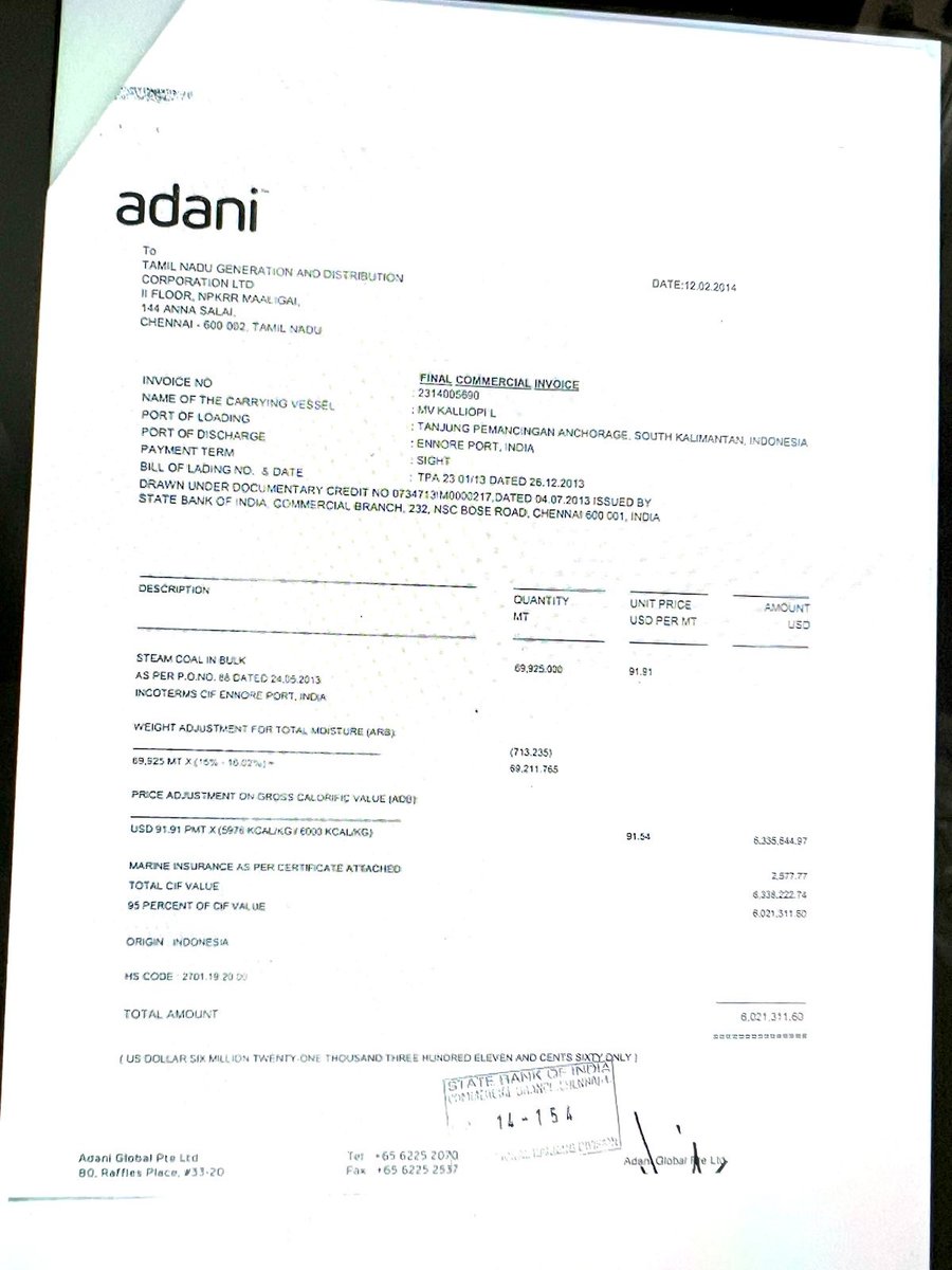 3 - A commercial invoice from Adani to Tangedco shows - Adani supplies the same coal to TANGEDCO at $91.91/MT, and the quality has now changed to 6000 KCAL. (fraud) 6/n