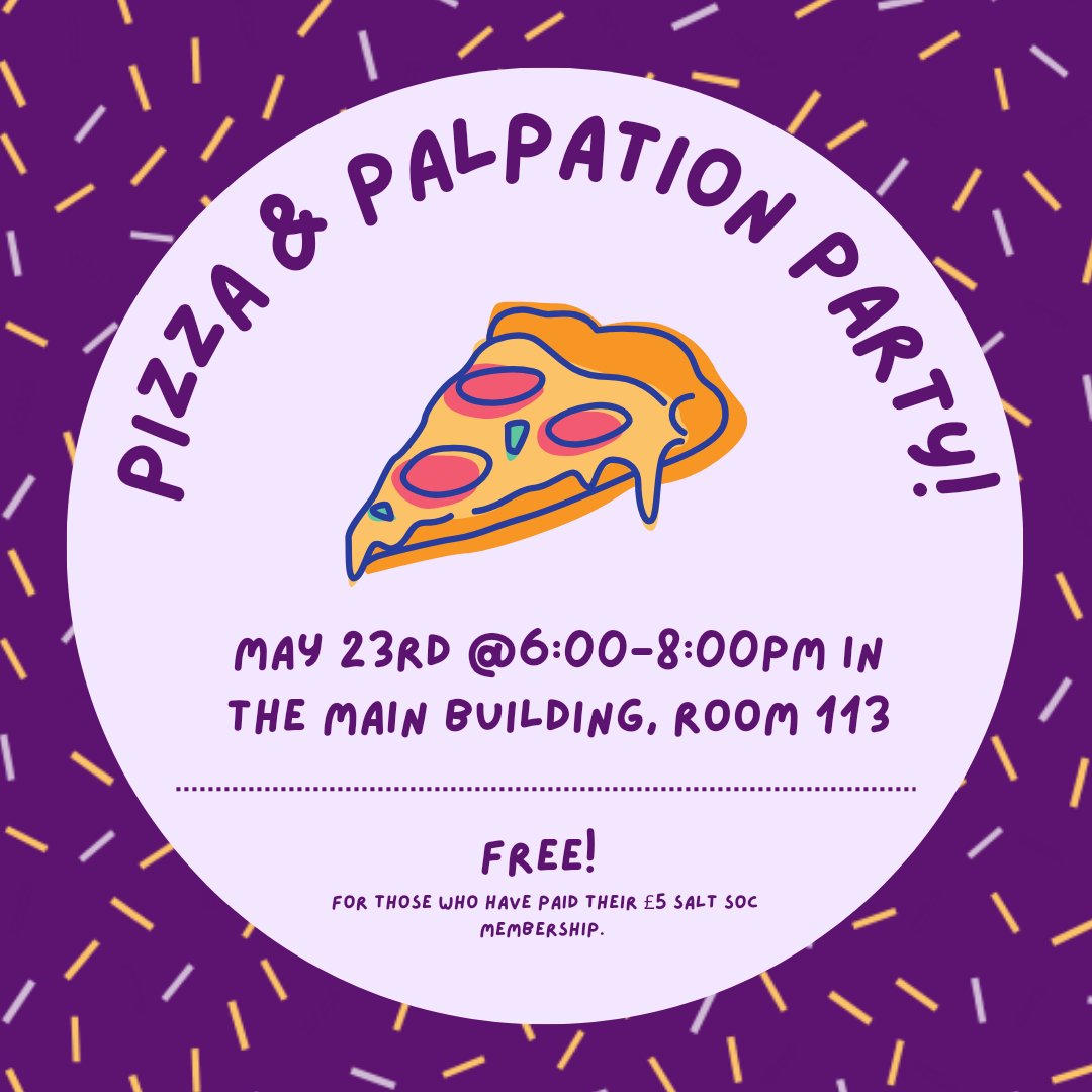 *REMINDER* Hi everyone! Just a quick reminder that the Pizza & Palpation party is tomorrow, and is now being held in MB113! See you there 👀🍕