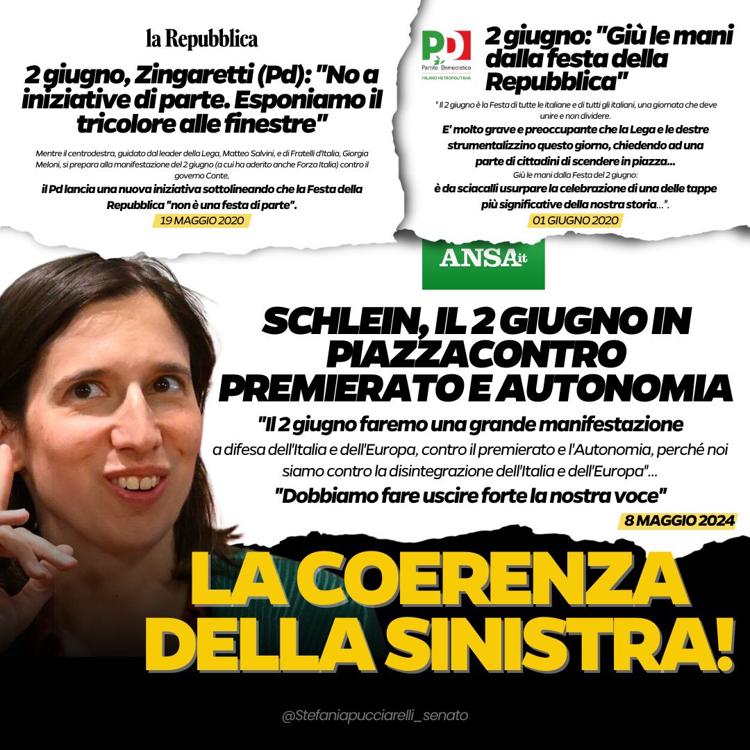 Il 2 giugno Elly Schlein ha organizzato una manifestazione PD. Fosse stata la Lega ad organizzare, in occasione della Festa della Repubblica, manifestazione di partito sarebbe stato letto come un messaggio contro la Repubblica…la sinistra adotta la regola “due pesi e due misure”