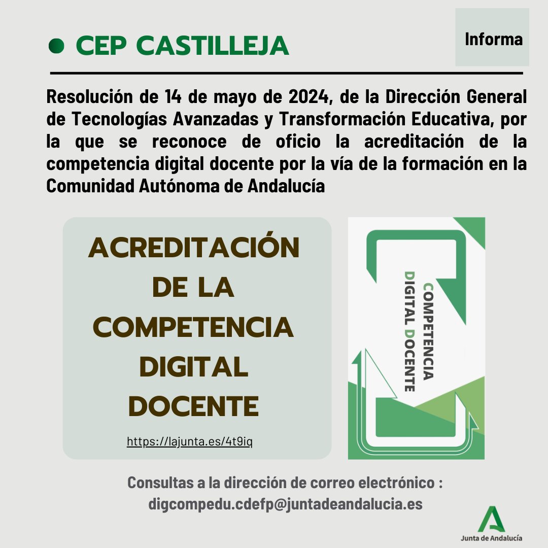 📚 Informales que se ha publicado la  Resolución de 14 de mayo de 2024, por la que se reconoce de oficio la acreditación de la competencia digital docente por la vía de la formación en la Comunidad Autónoma de Andalucía.

🔗 juntadeandalucia.es/boja/2024/97/49 ✅