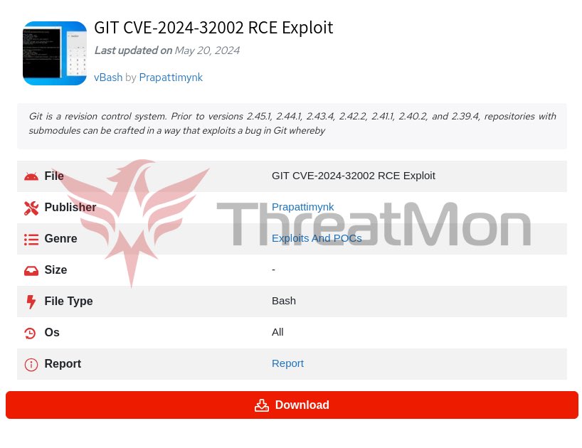 🚨 GIT CVE-2024-32002 RCE Exploit The CVE-2024-32002 exploit, a vulnerability in GIT (Version Control System) open to remote access, has been disclosed. Prior to versions 2.45.1, 2.44.1, 2.43.4, 2.42.2, 2.41.1, 2.40.2, and 2.39.4, repositories with submodules could be created