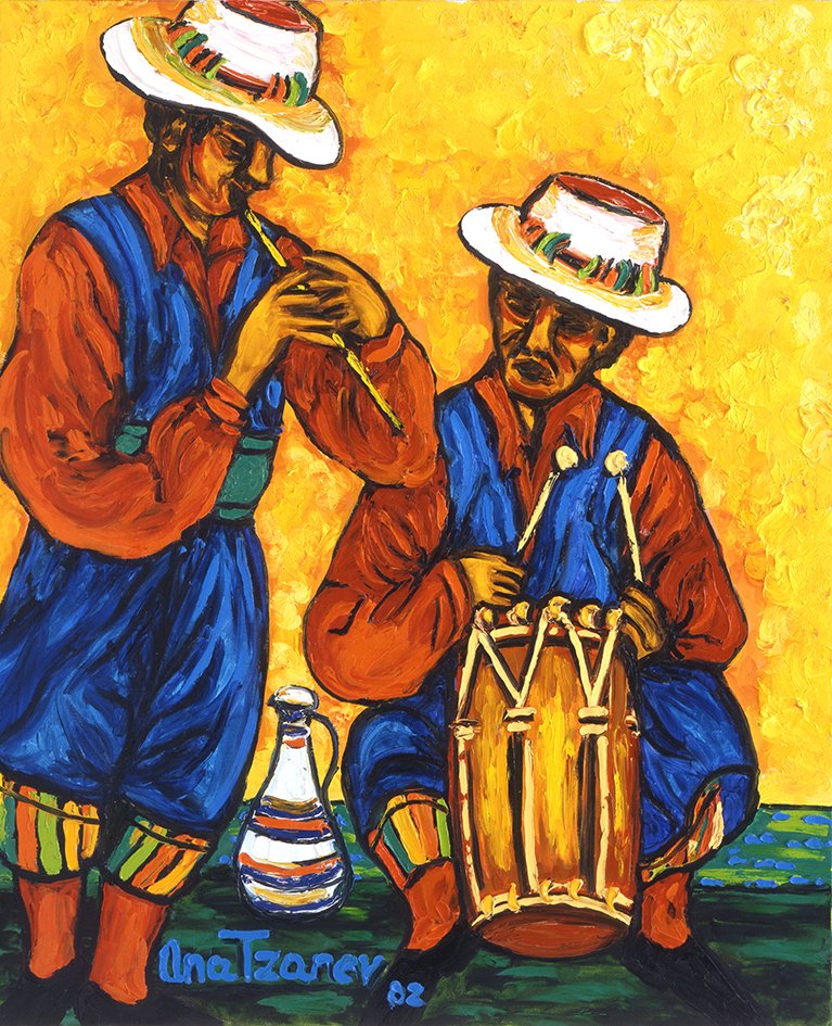 'Vibrant colours are music for the deaf, feast to the sighted, and cheer for the sad.'~Ana Tzarev~
Fiesta (Maya), 100 x 81 cm, oil on linen, 2002
#maya #southamerica #fiesta #party #drumplayer #fluteplayer #oilpainting #art #artinvestment #contemporaryart