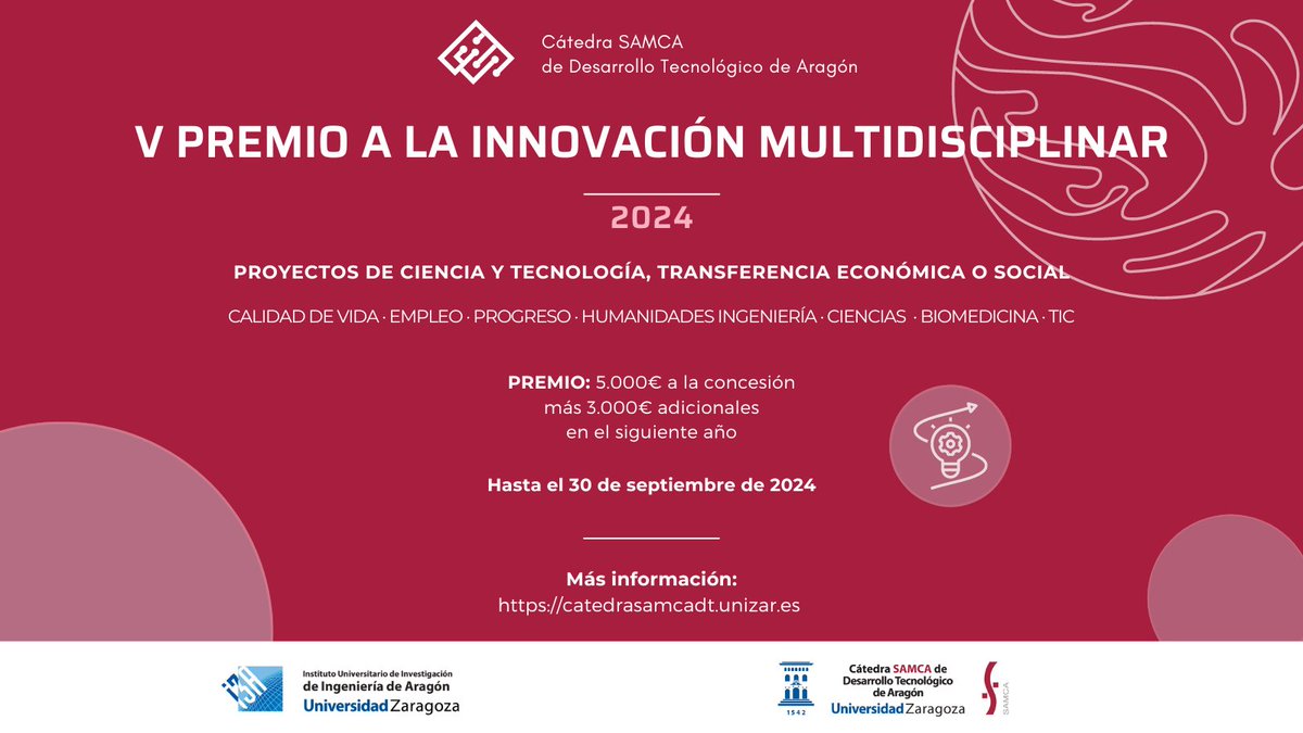 📢Recuerda que ya está abierta la CONVOCATORIA del Premio a la Innovación Multidisciplinar en I+D+i de la Cátedra SAMCA de Desarrollo Tecnológico 💡 👉Presenta tu proyecto antes del 30 de Sept. Más info: goo.su/7370VV