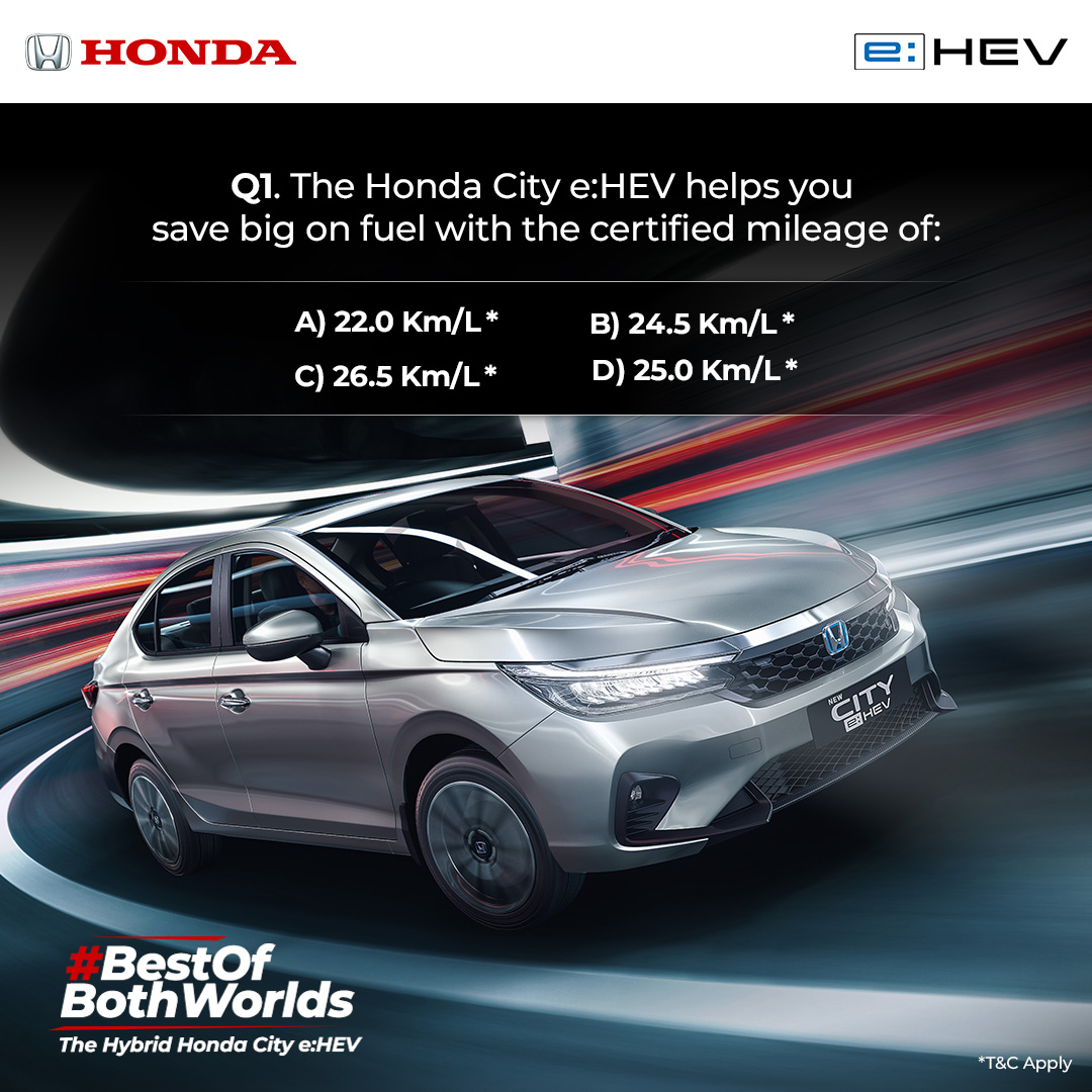 Q1. The first question of the Honda  #BestOfBothWorlds is here! Tell us the correct answer in the comments and get a chance to win exciting prizes.

#HondaContest #HondaCarsIndia #HondaCars