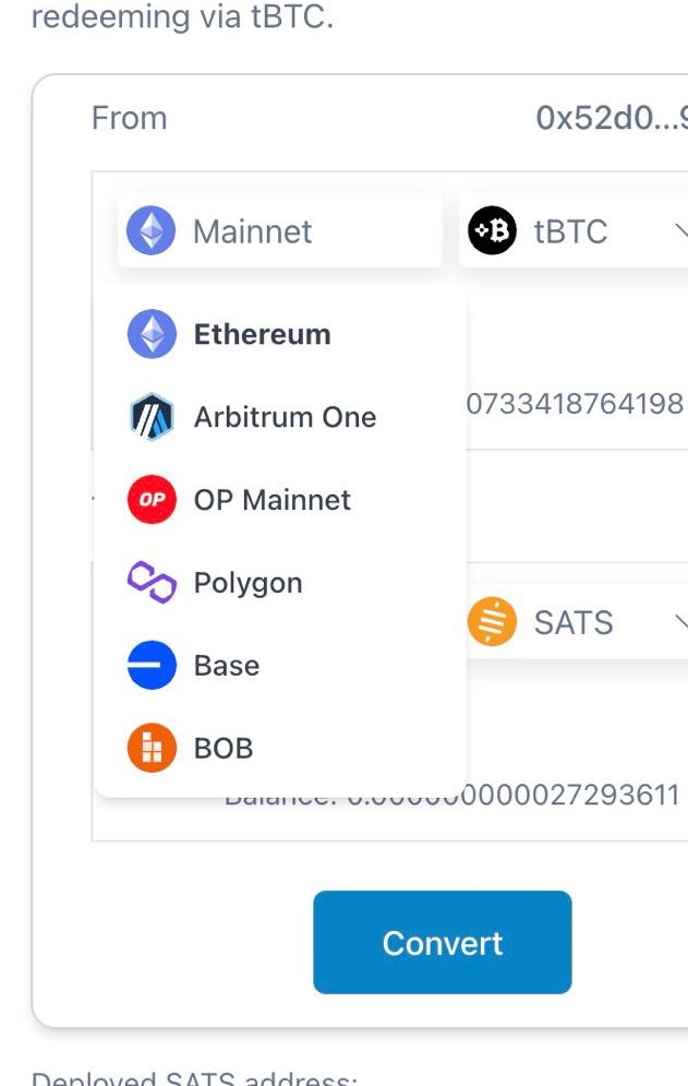 SATS_Satoshi's tweet photo. Introducing: https://t.co/zmQxjmUqqX convert $SATS / $tBTC for free

Native mint/redeem across 7 EVMs (@Ethereum  @optimism @base @build_on_bob  @Arbitrum @0xPolygon)

Bridge to Solana @wormhole, @saakuru_labs 

Who's ready for Bitcoin Summer on @SuperchainEco? https://t.co/Rlf6ZCKDA5
