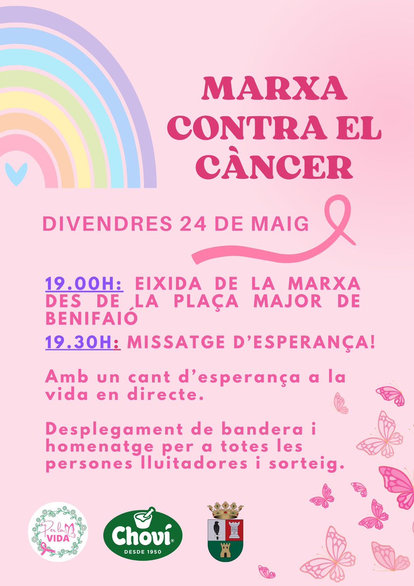 💕🎀 Este divendres, 24 de maig de 2024, se celebrarà la Marxa contra el Càncer a Benifaió.

⏰ 19.00 hores - Eixida de la marxa des de la Plaça Major de Benifaió.

⏰ 19.30 hores - Missatge d'esperança.