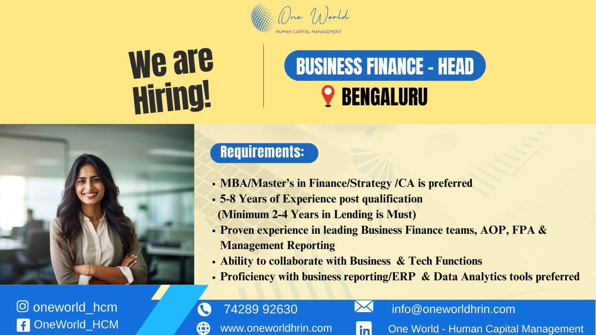 OneworldHCM's tweet photo. Ready to make an impact? We're on the hunt for a Finance Lead to steer our financial strategies!
.
.
#oneworld #businessfinance #finance #CA #bangalore #jobsearch #jobhunting #hiring #hiringnow #management #datanalytics #tools #search #explore #jobseekers #jobvacancy #hiringalert https://t.co/t7Av40OuTF