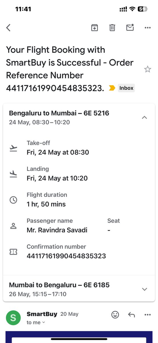 Bharrattian's tweet photo. Cleartrip 

Open letter … @Cleartrip @Ministry_CA @DGCAIndia 
Ref. Trip id 240520330676
Case id 20781062 
Pic shows Mum-blr is requested for 26th May. 
But I have been issued tickets for 27th May. 
Wasted 6-7 hrs to rectify. https://t.co/qmgY8Kn7hU